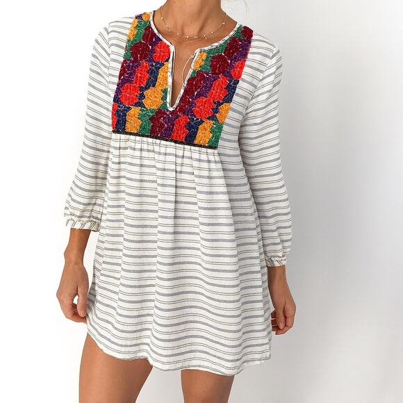 J.Crew Embroidered Stripe Babydoll Tunic Dress Multi Large Casual Resort - Picture 1 of 7